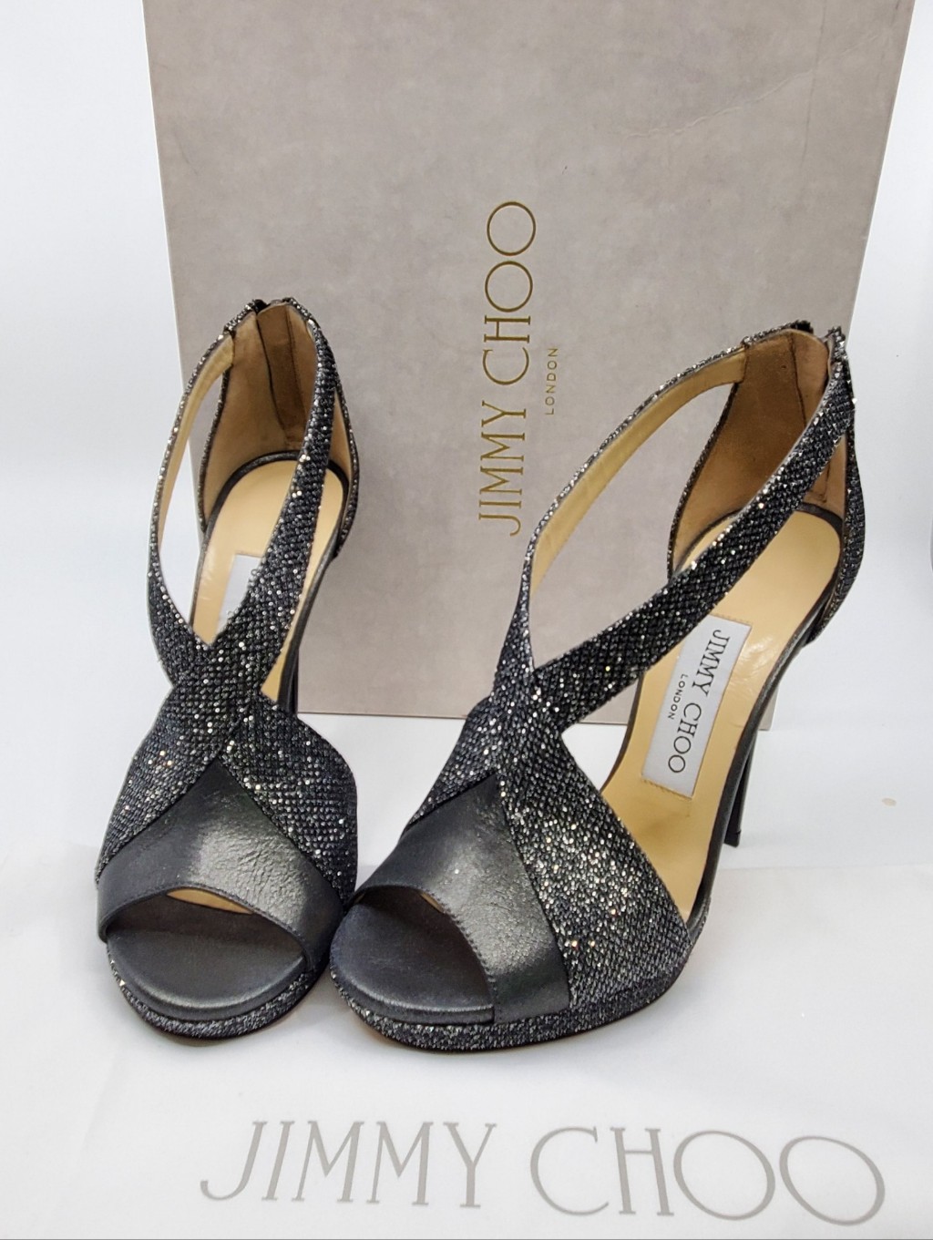Jimmy Choo Anthracite Glitter T- Strap Peep Toe Pumps With Stiletto Heel